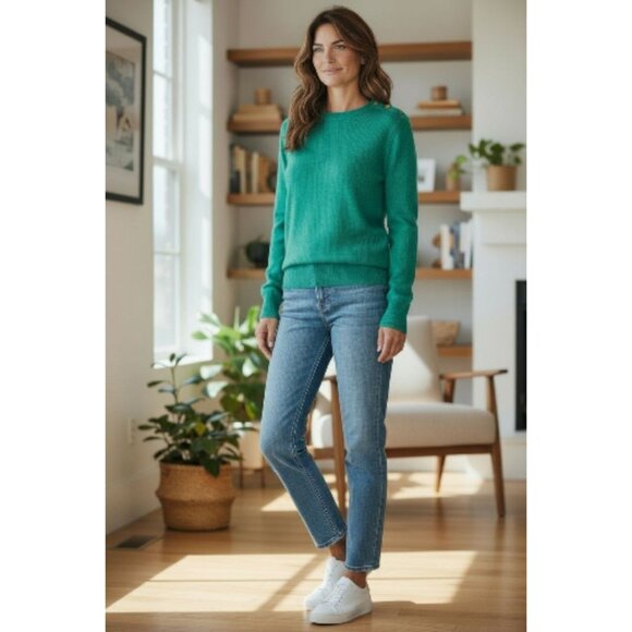 Neiman Marcus 100% Cashmere Sweater Teal Button Shoulder Pads Women’s M Vintage - Picture 2 of 13